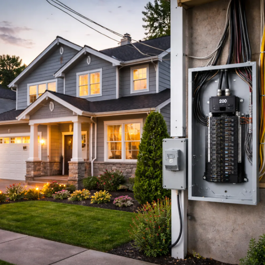 A finished 200-amp service panel outside a home at dusk.